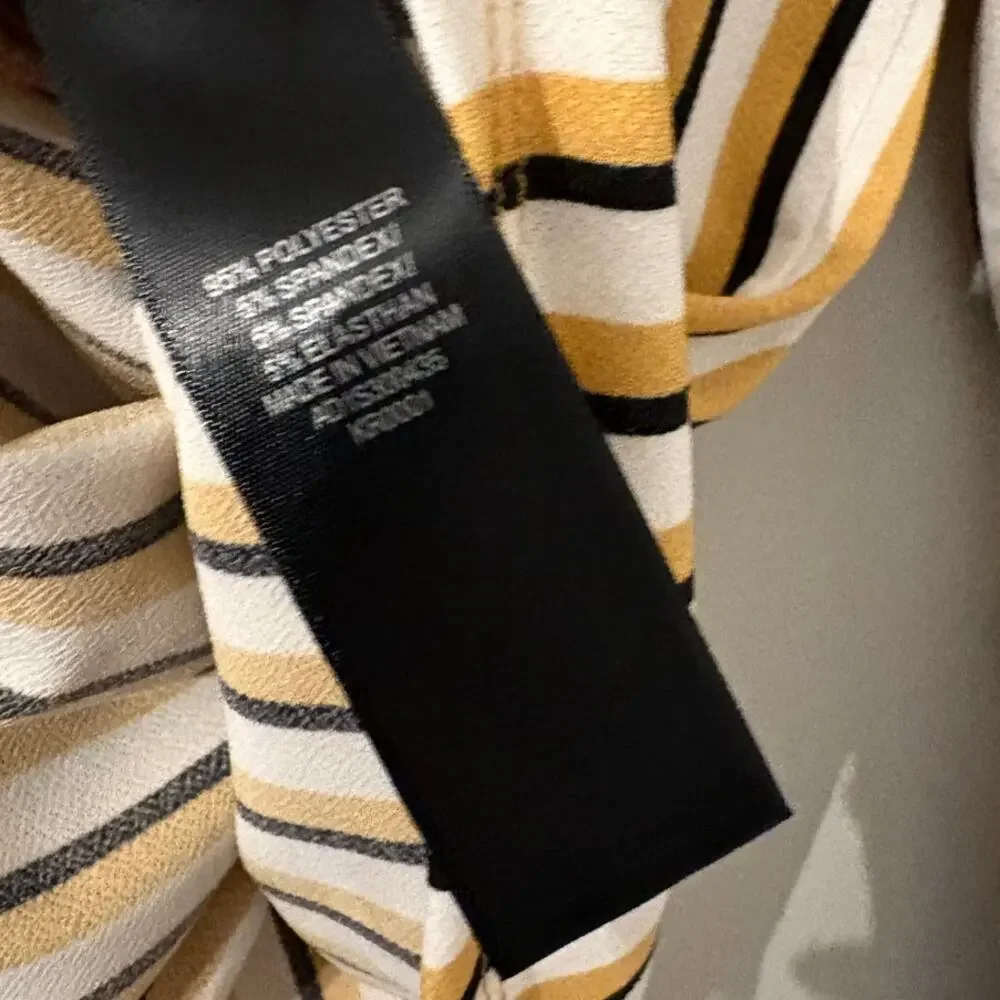Adrianna Papell Whire, Yellow and Black Stripe Faux Wrap Top M